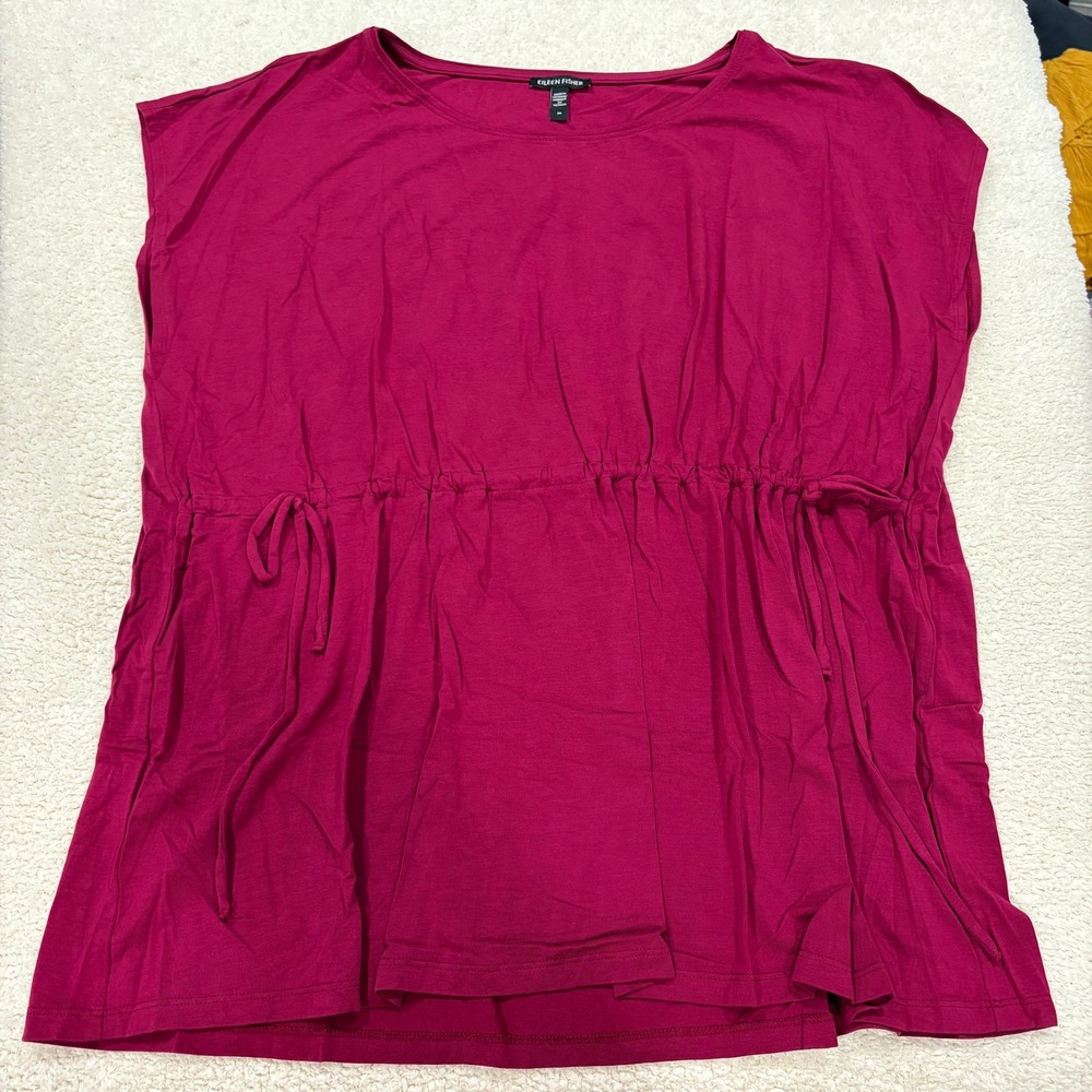 Eileen Fisher Fine Jersey Jewel Neck Top Roseberry Pink Drawstring Cinch 2X $128 - Picture 1 of 6